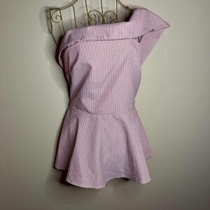 One Shoulder Red And White Pin Striped Bow Blouse